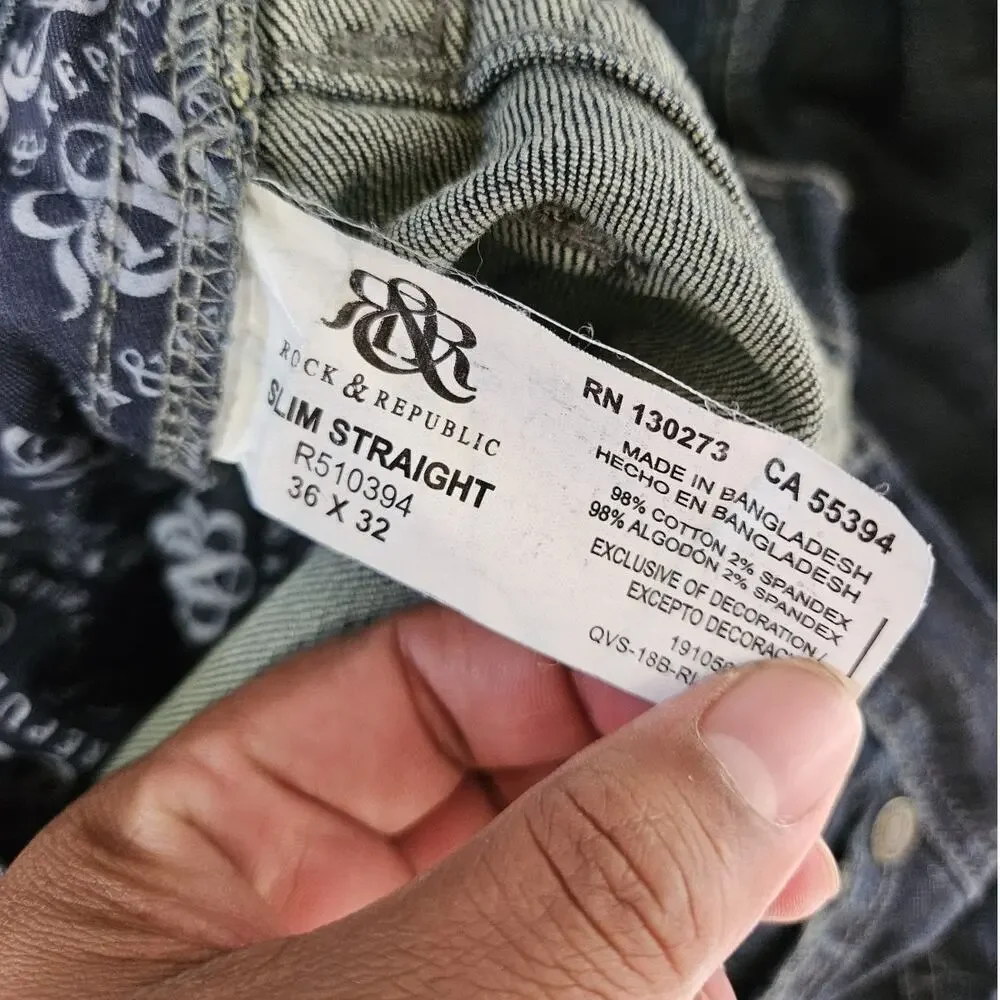 Rock & Republic Jeans Mens 36x32 Blue Denim Slim Straight Grunge Outdoor - Picture 4 of 5